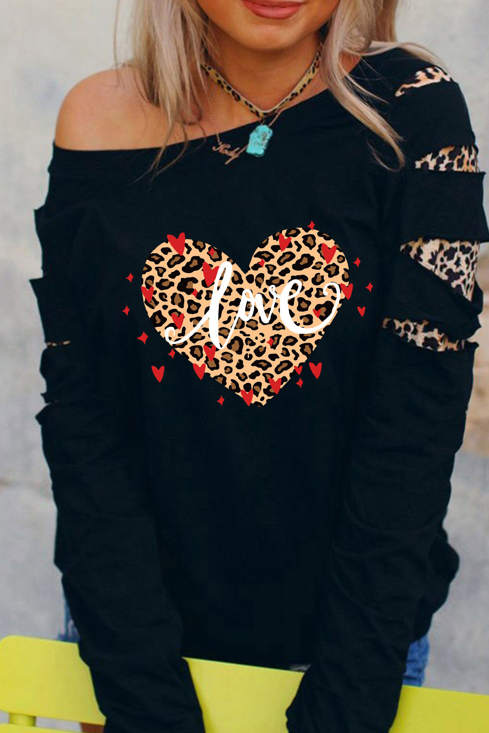 Love Leopard Heart Print Cut-out Long Sleeve Sweatshirt