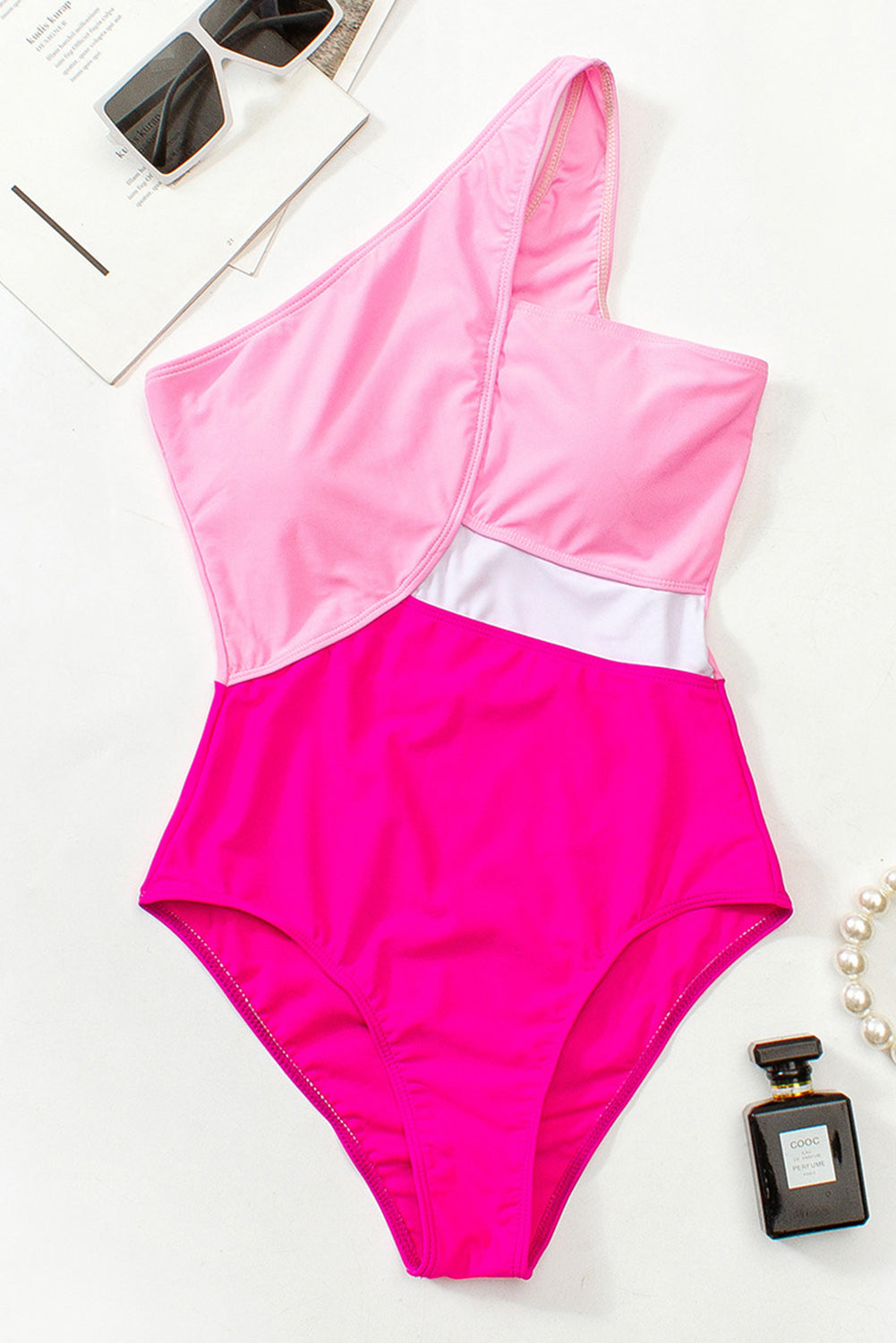 Rose Red Colorblock Patchwork One Shoulder One Piece Swimwear