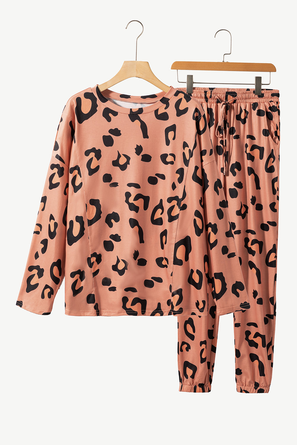 Set top a maniche lunghe leopardato castano chiaro e pantaloni con coulisse