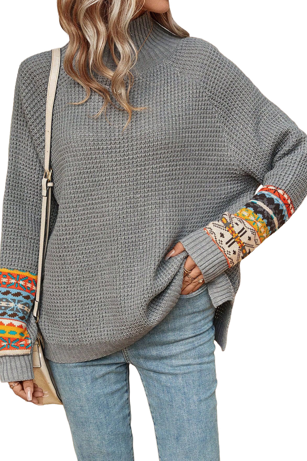 Siv plemenski pulover z visokim ovratnikom in raglan rokavi