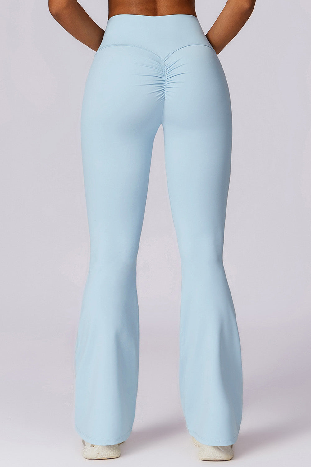 Pantalon évasé de sport actif taille haute de couleur unie bleu brume