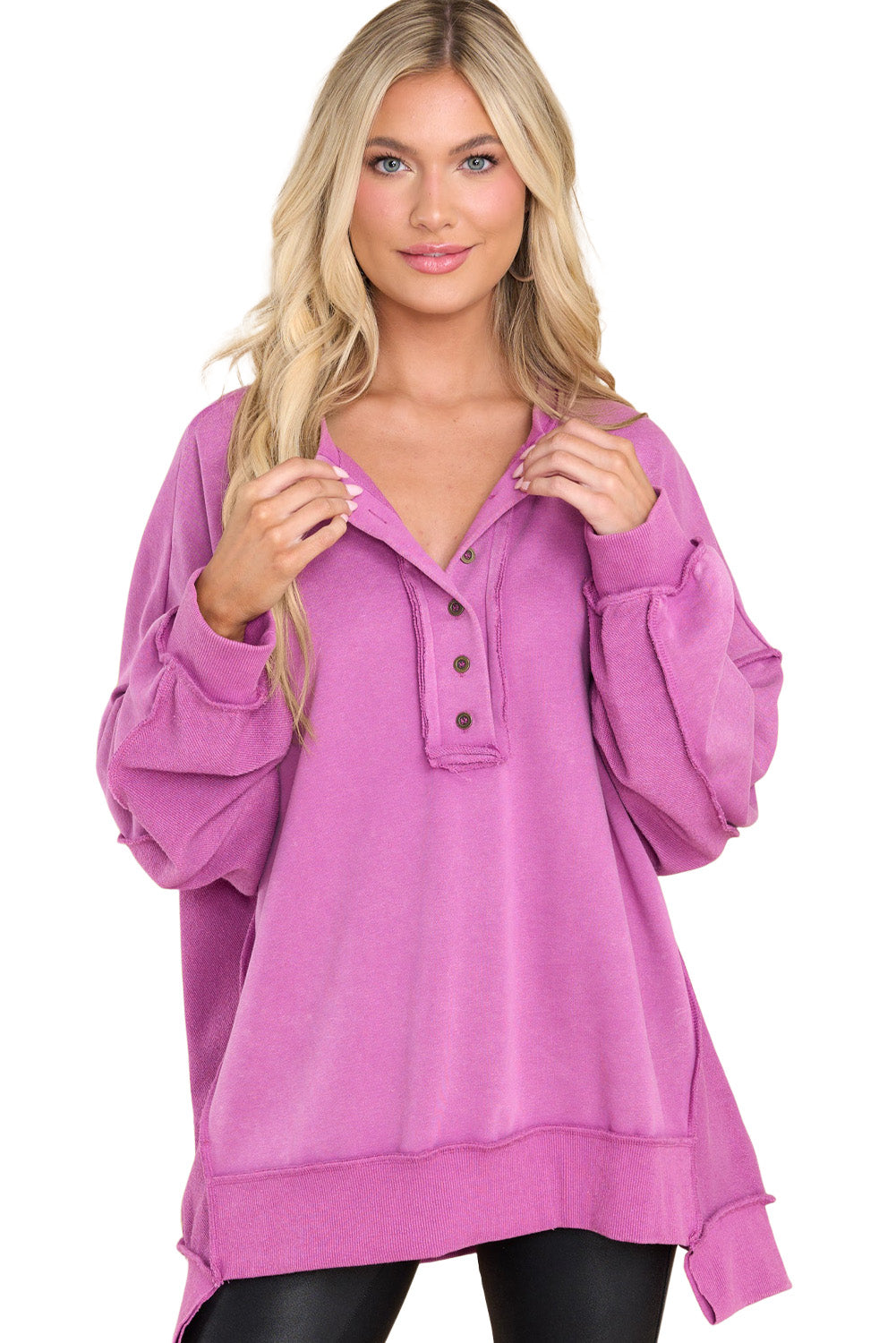 Sweat-shirt Henley violet surdimensionné à coutures apparentes