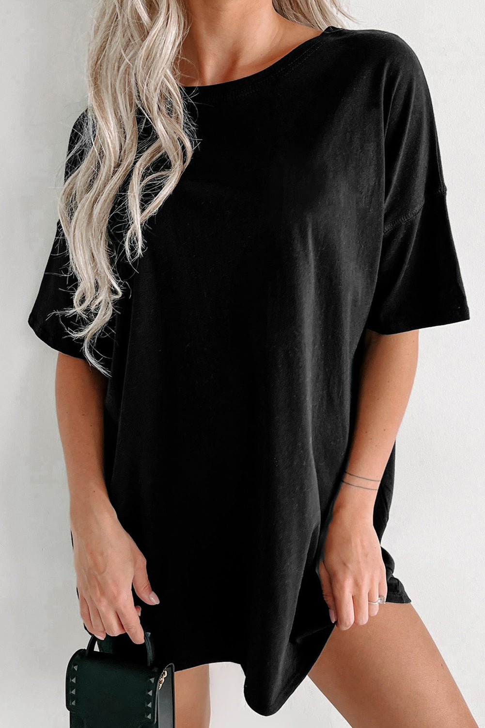 Black Solid Color Round Neck Basic Tunic T Shirt
