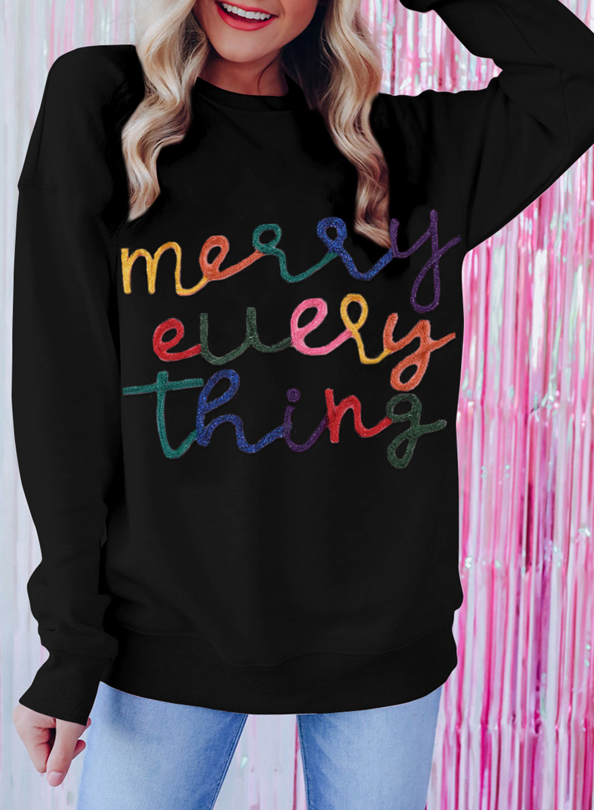 Sweat-shirt noir à slogan « Merry Every Thing Tinsel »