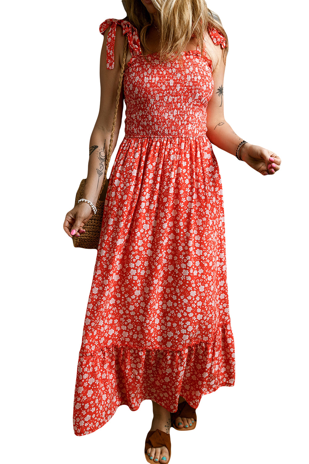 Crvena boho duga haljina sa steznikom sa samovezujućim naramenicama i cvjetnim motivima