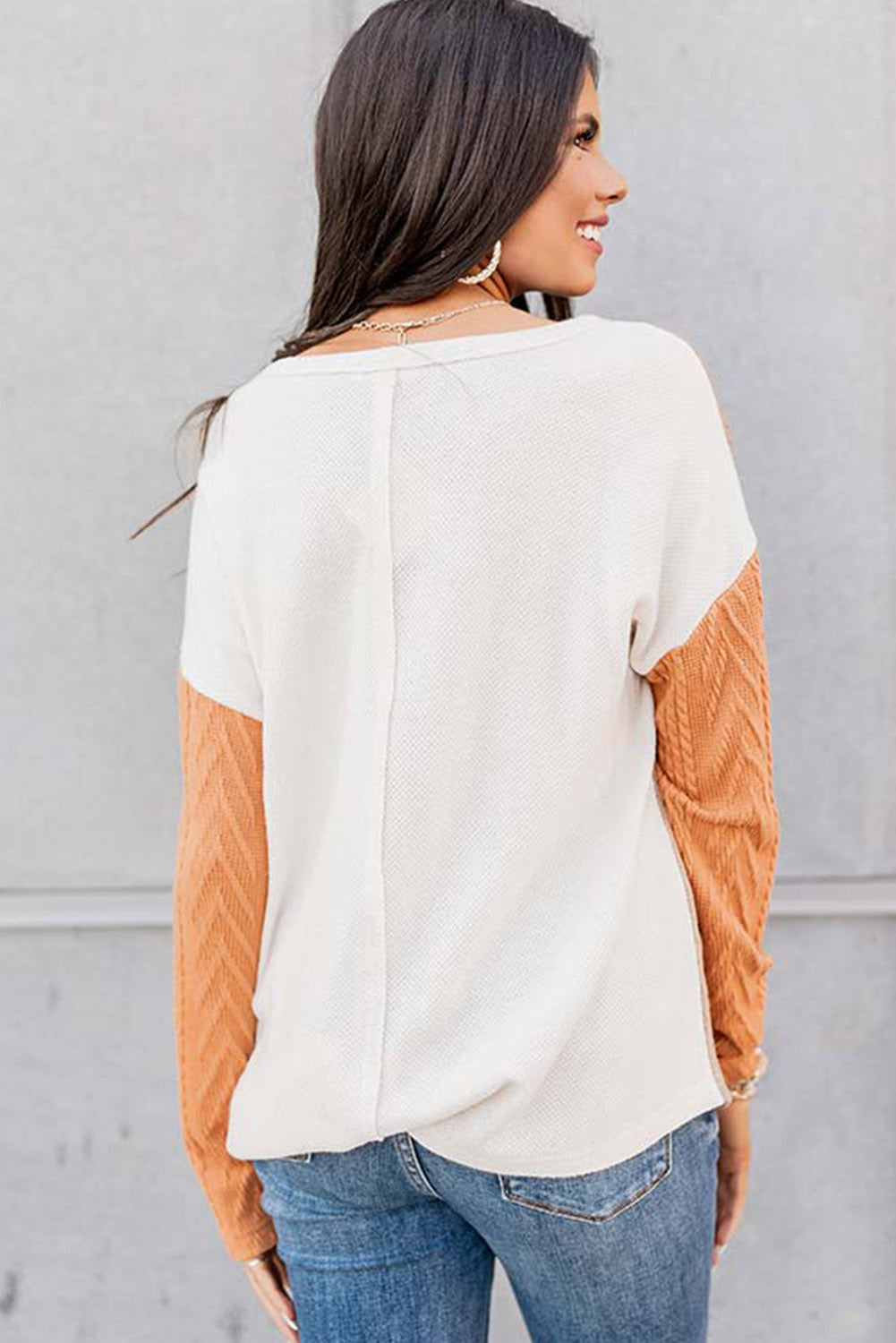 Peach Blossom Long Sleeve Colorblock Chest Pocket Textured Knit Top