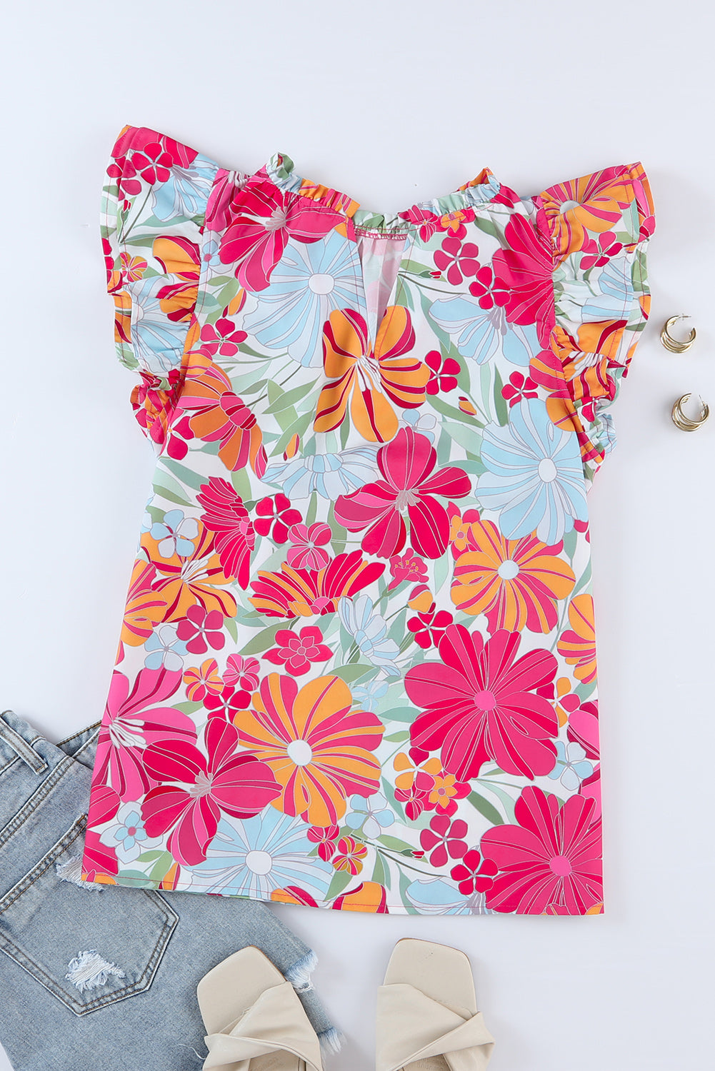 Rosafarbene Etui-Bluse mit V-Ausschnitt und Blumendruck und flatternden Ärmeln