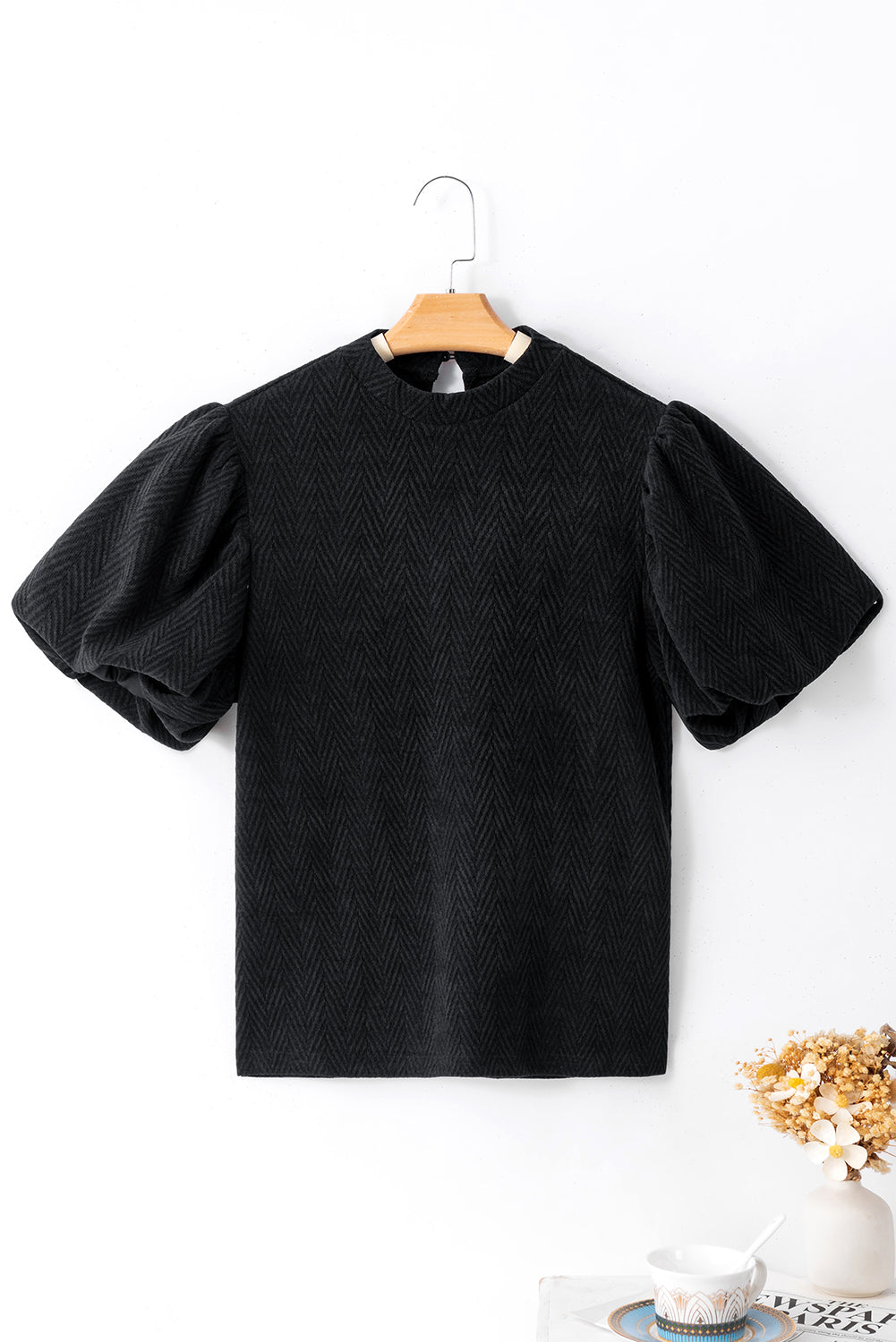 Black Solid Textured Puff Sleeve Mock Neck Blouse