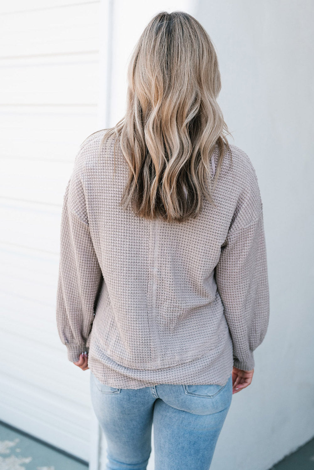 Mist Blue Raw Edge Detail Waffle Knit V Neck Top