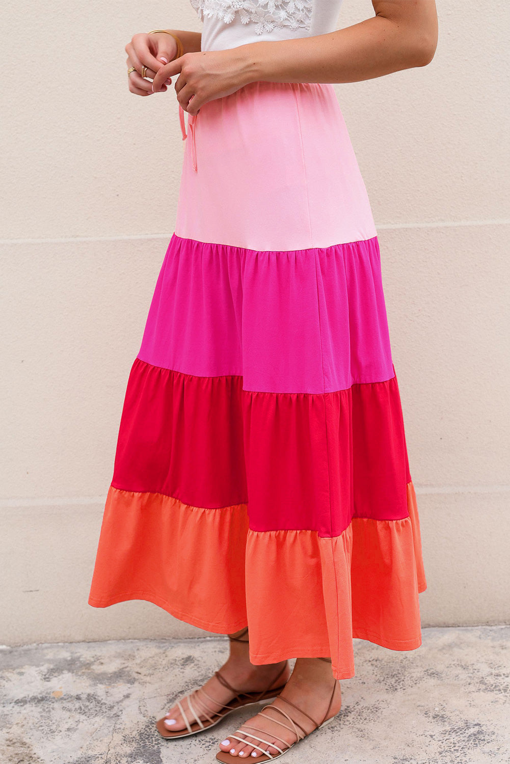 Pink Color Block Tiered Drawstring High Waist Maxi Skirt