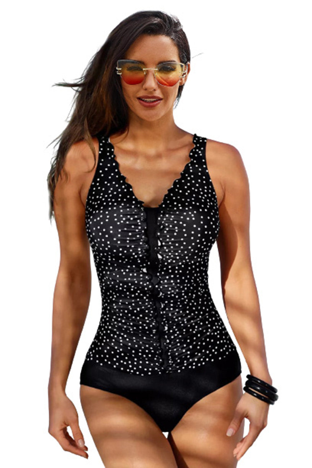 Black Dotted Print Ruffles One-piece Swimsuit