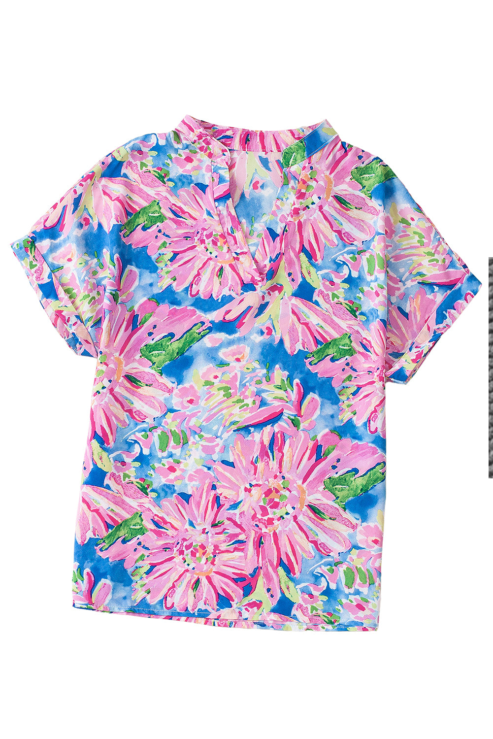 Rose Abstract Floral Print Notch V Neck Rolled Short Sleeve Blouse