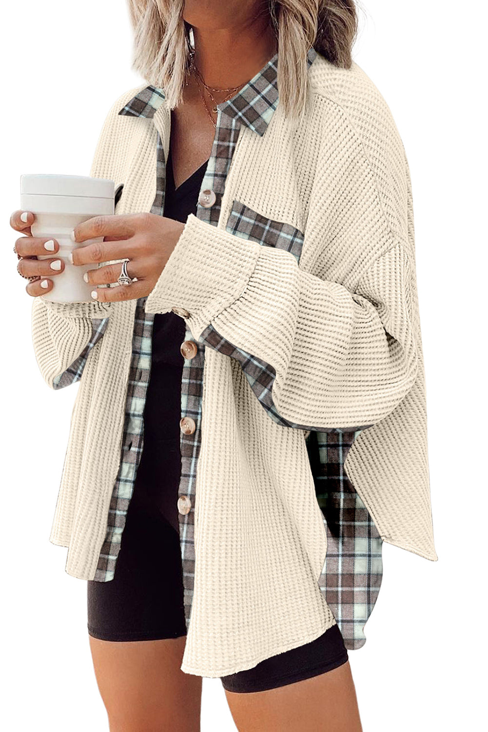 Apricot Plaid Patchwork Waffle Thermal Knit Shacket