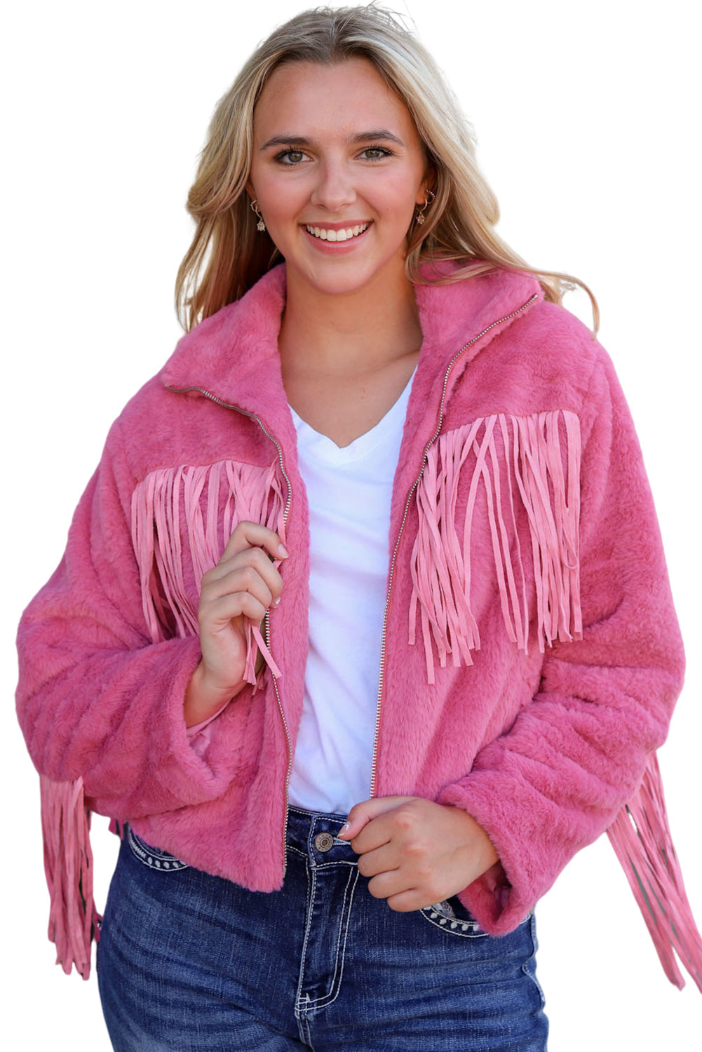 Fringed Full Zipper Fleece Jacket