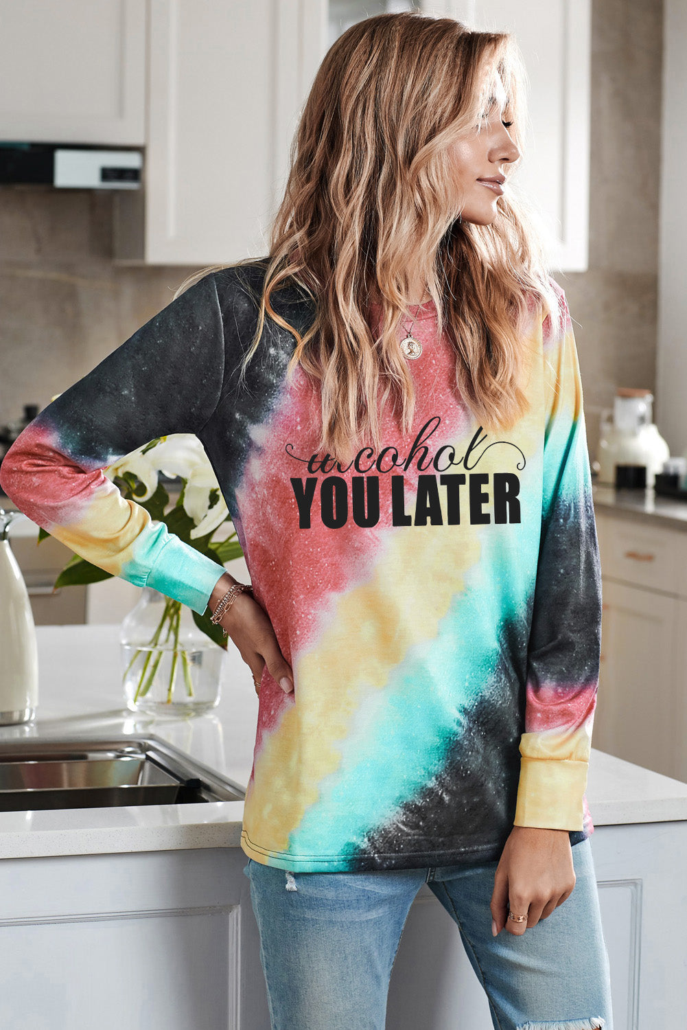 Tie Dyed Letter Print Long Sleeve Pullover Sweatshirt