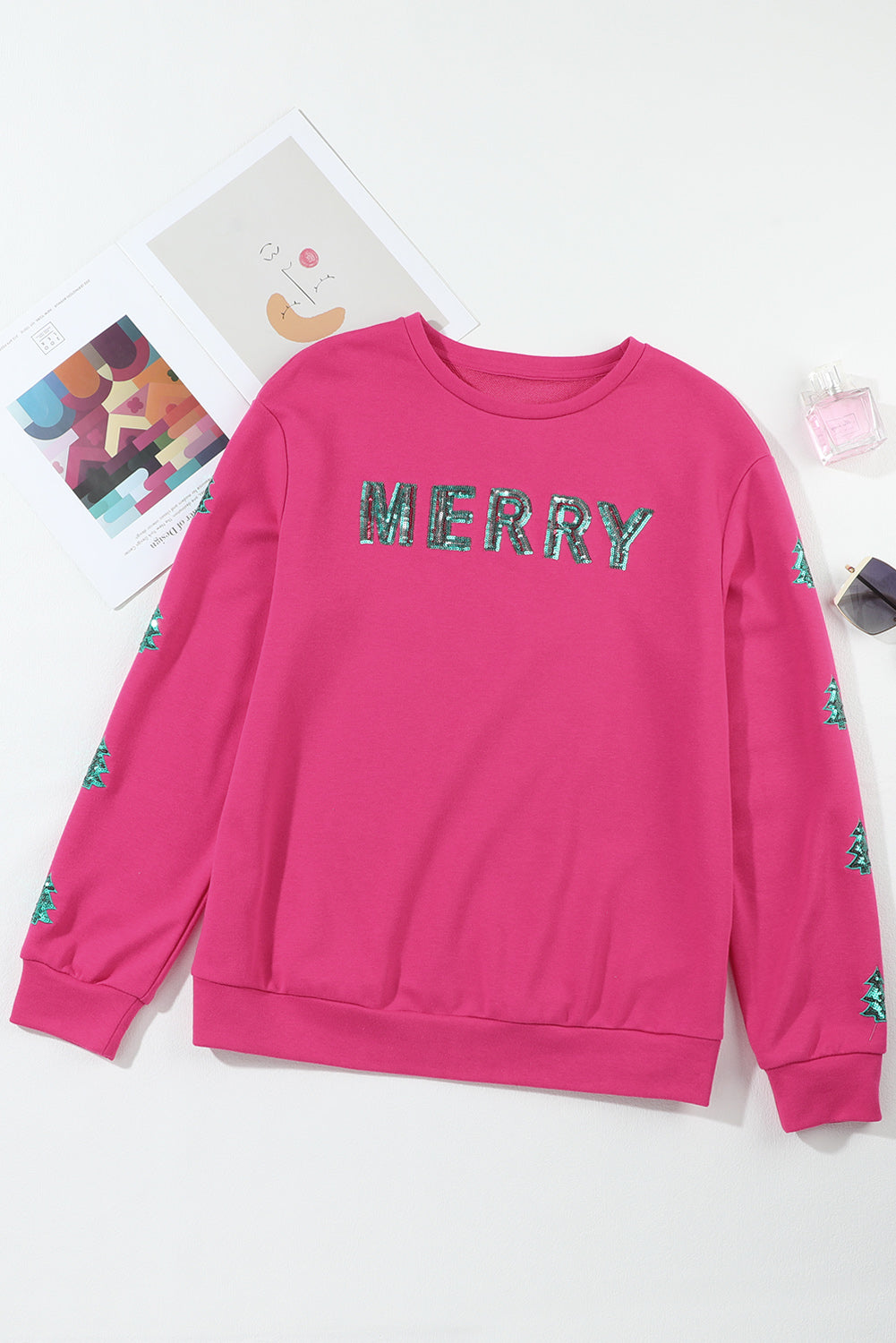 Erdbeerrosa MERRY Christmas Tree Pailletten-Patchwork-Sweatshirt