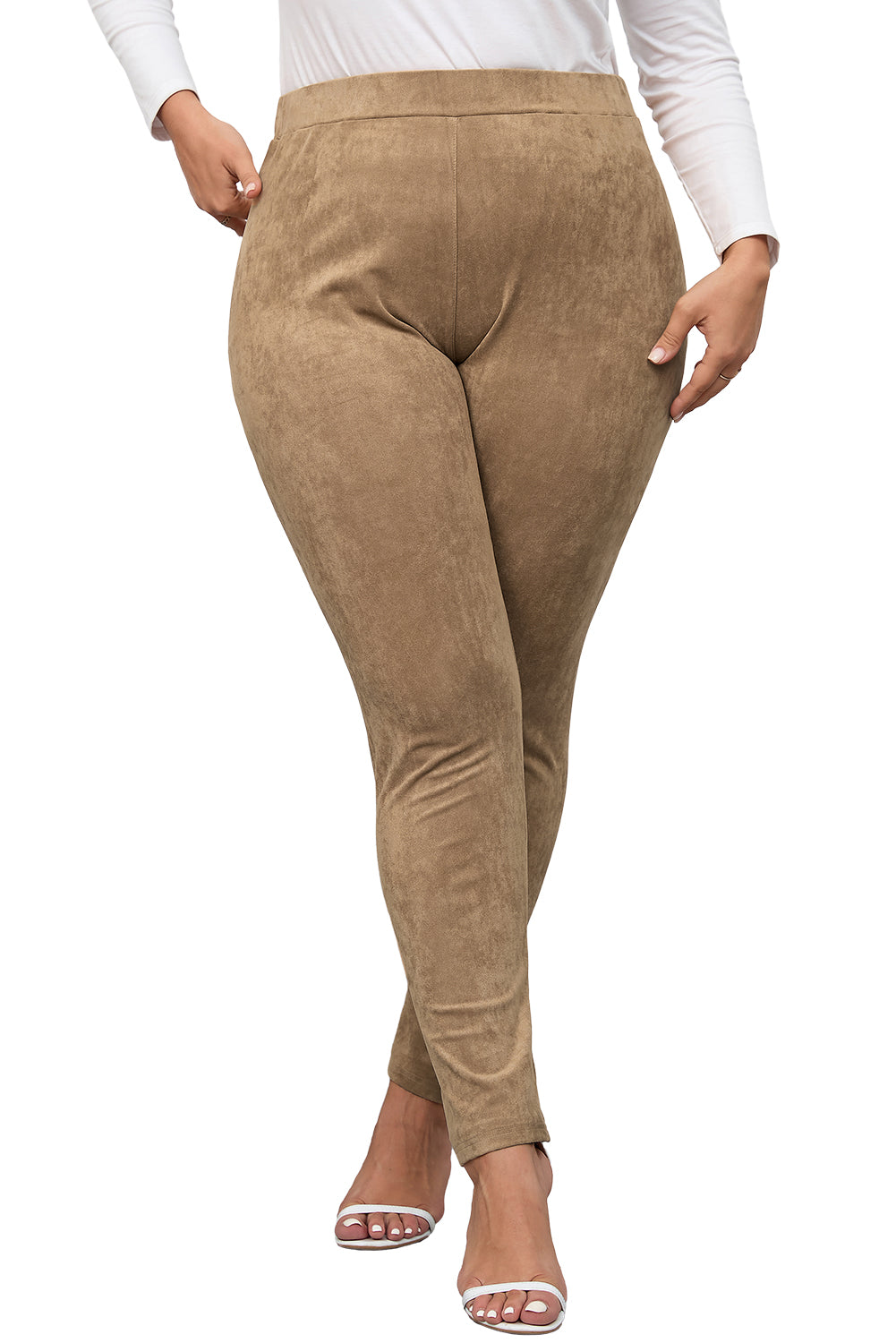 Ozke hlače iz umetnega semiša z visoko postavo Camel in velike velikosti