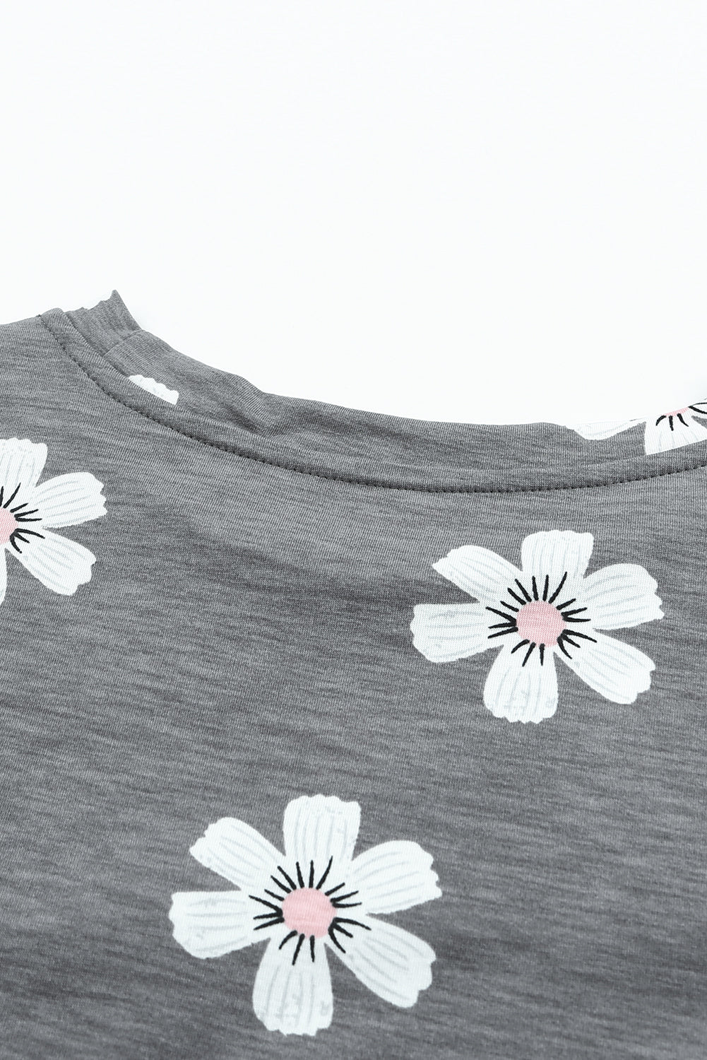 Gray Floral Cap Sleeve T-Shirt with Pocket