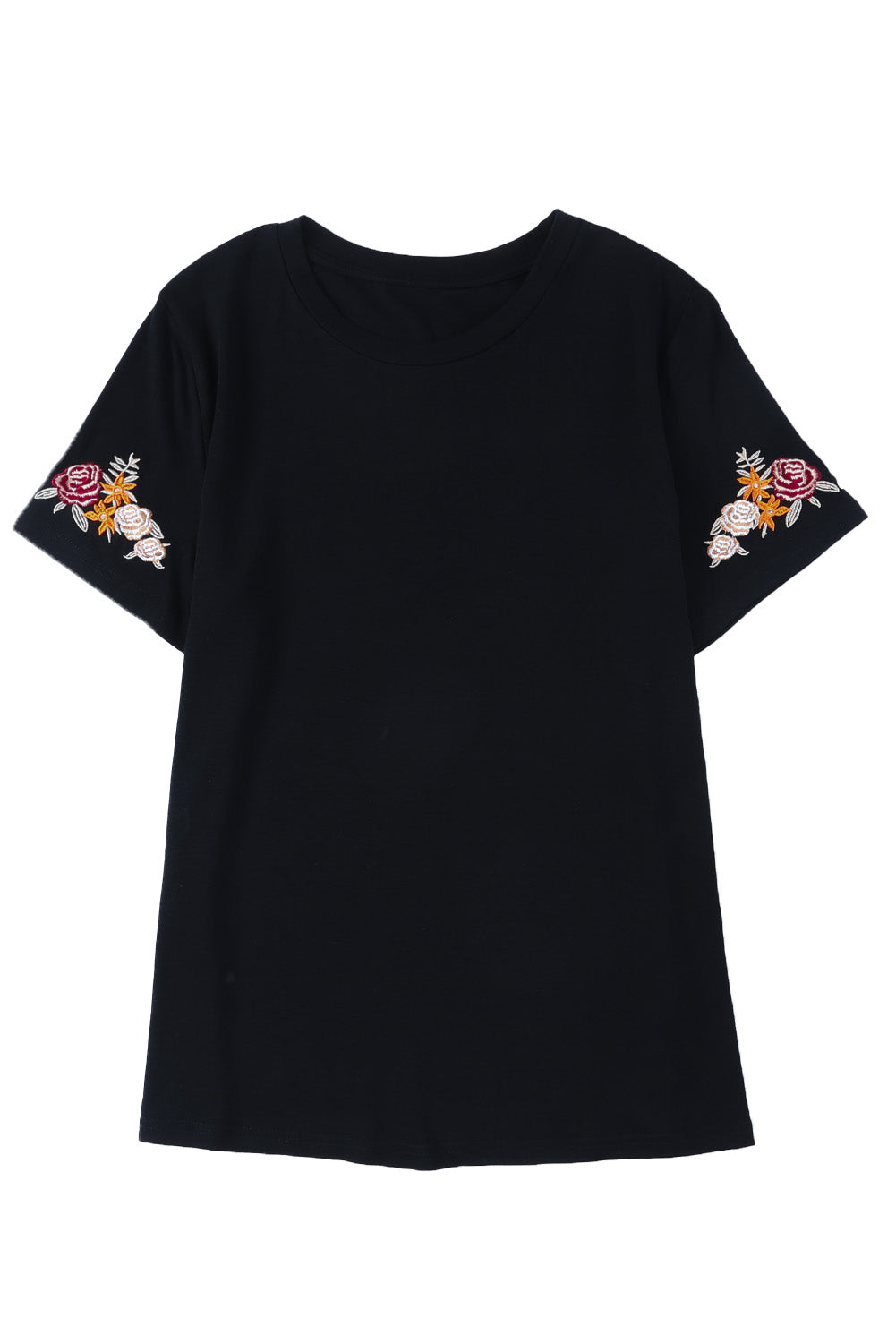 Črna majica s kratkimi rokavi in ​​okroglim ovratnikom, vezenim cvetjem