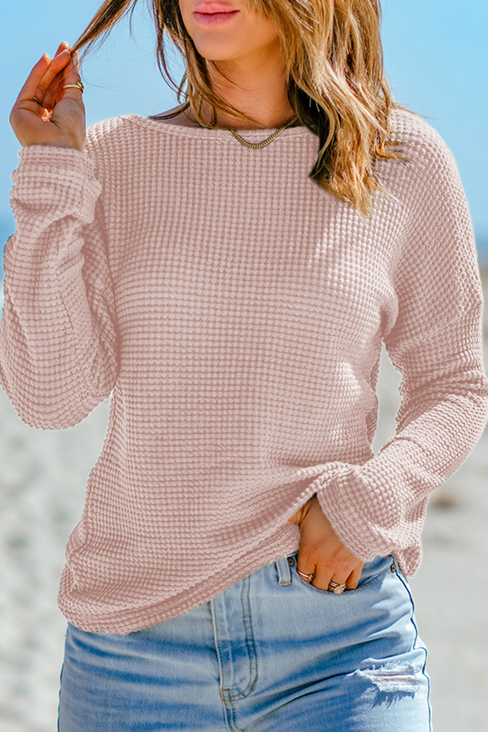 Light Grey Waffle Knit Drop Shoulder Long Sleeve Top