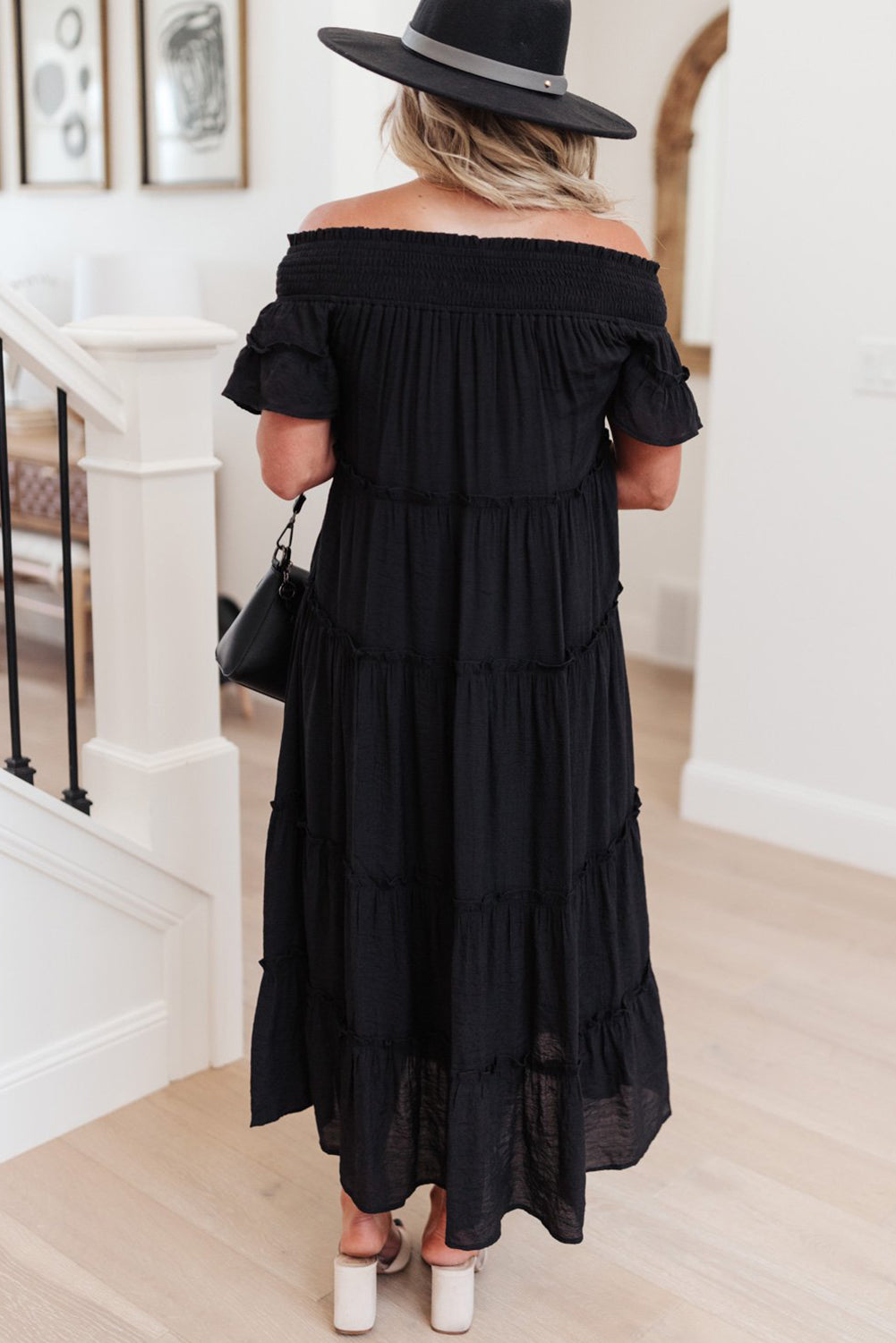 Black Plus Size Smocked Off Shoulder Frill Tiered Maxi Dress