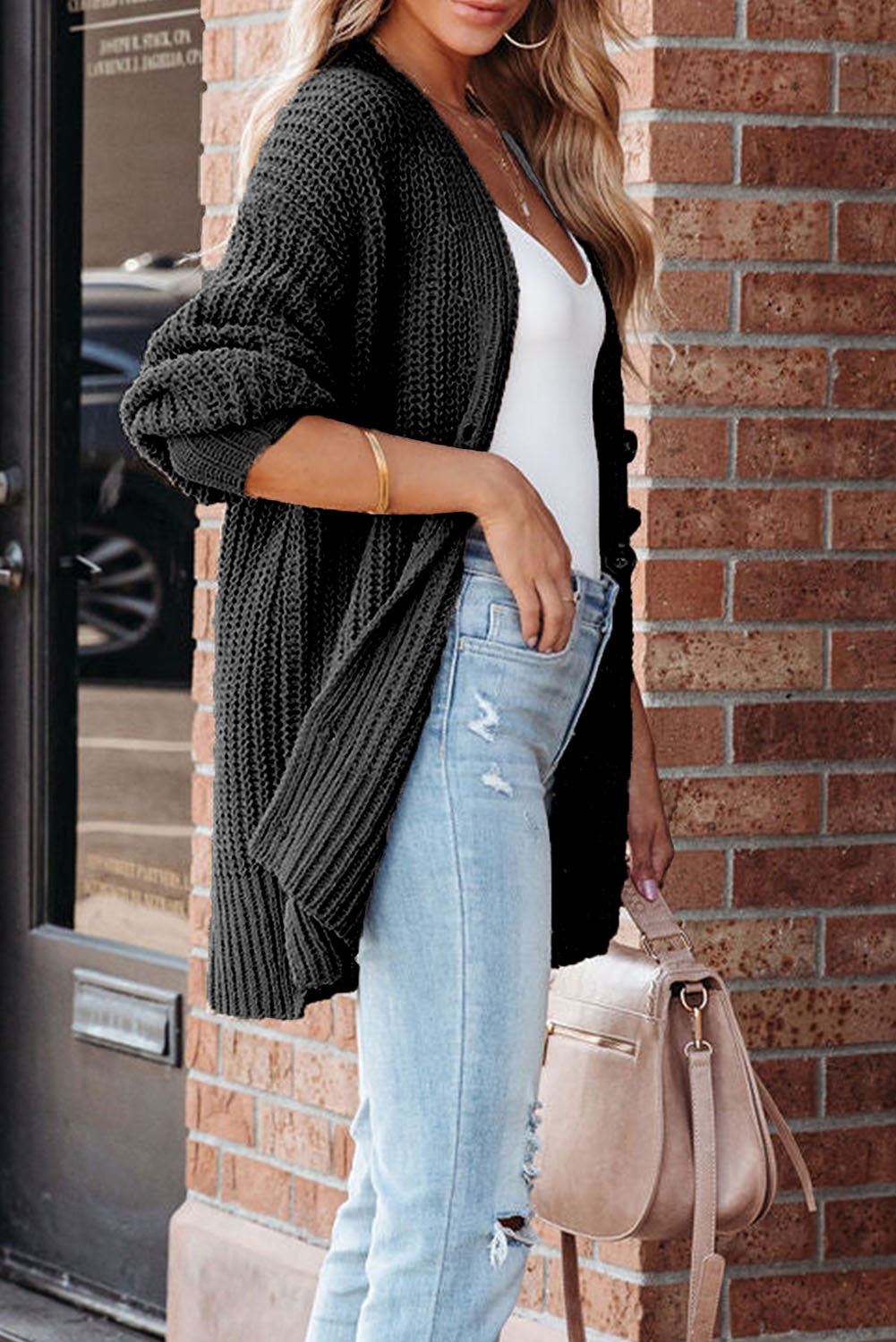 Gray Buttoned Front Drop Shoulder Knitted Cardigan