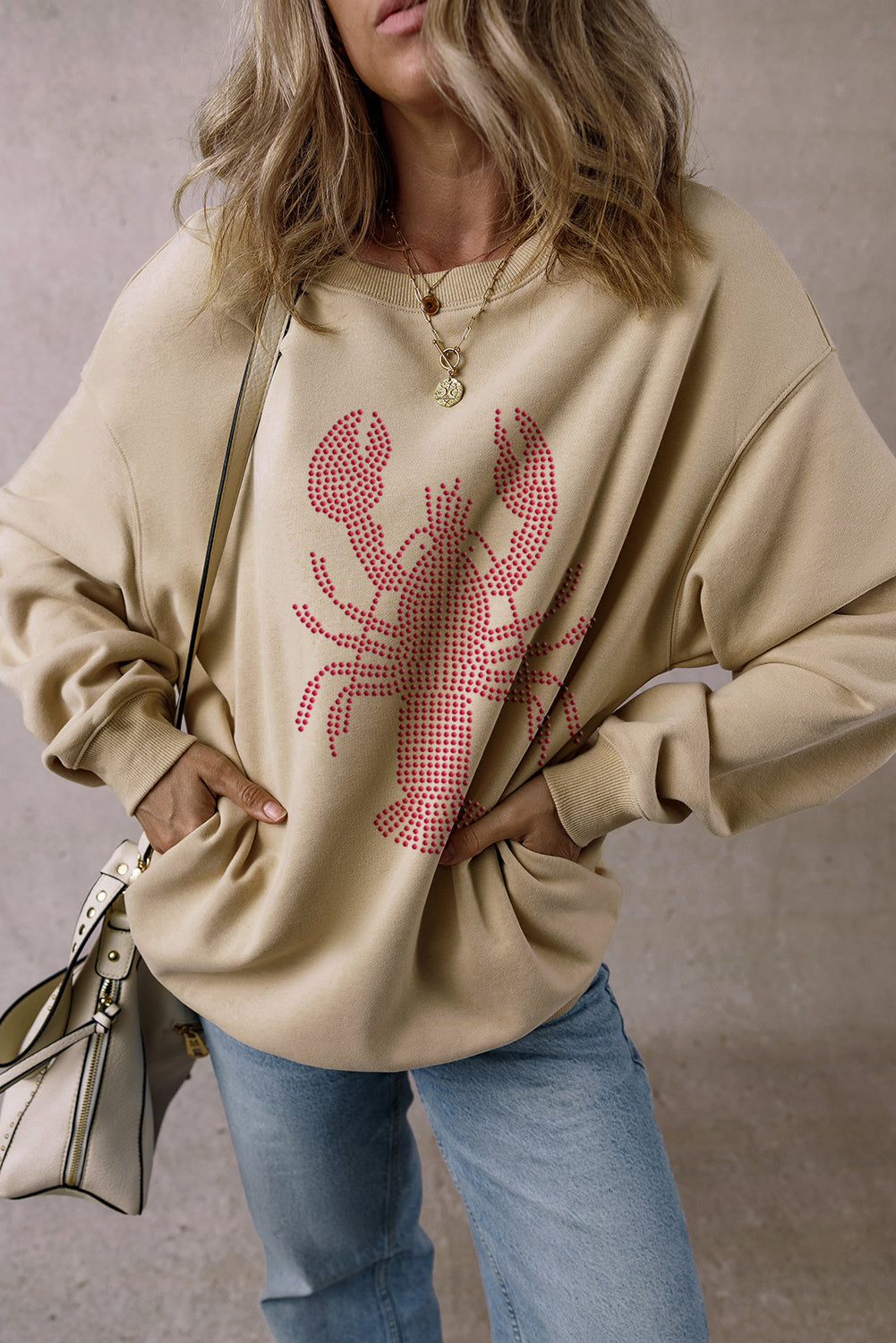 Pergament-Strass-Crawfish-Grafik-Rundhals-Sweatshirt in Übergröße