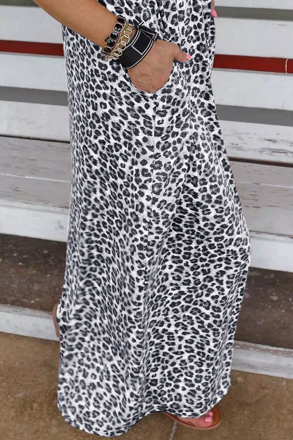 Robe longue côtelée en patchwork léopard gris avec poches