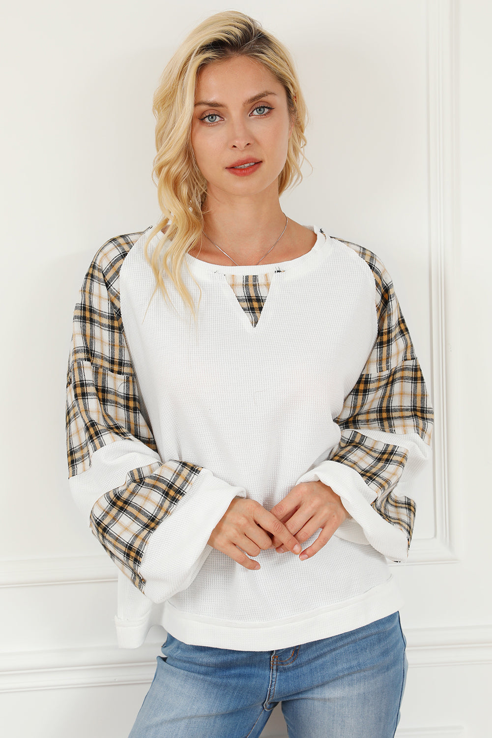 White Plaid Patch Waffle Knit Exposed Seam Bubble Sleeve Top