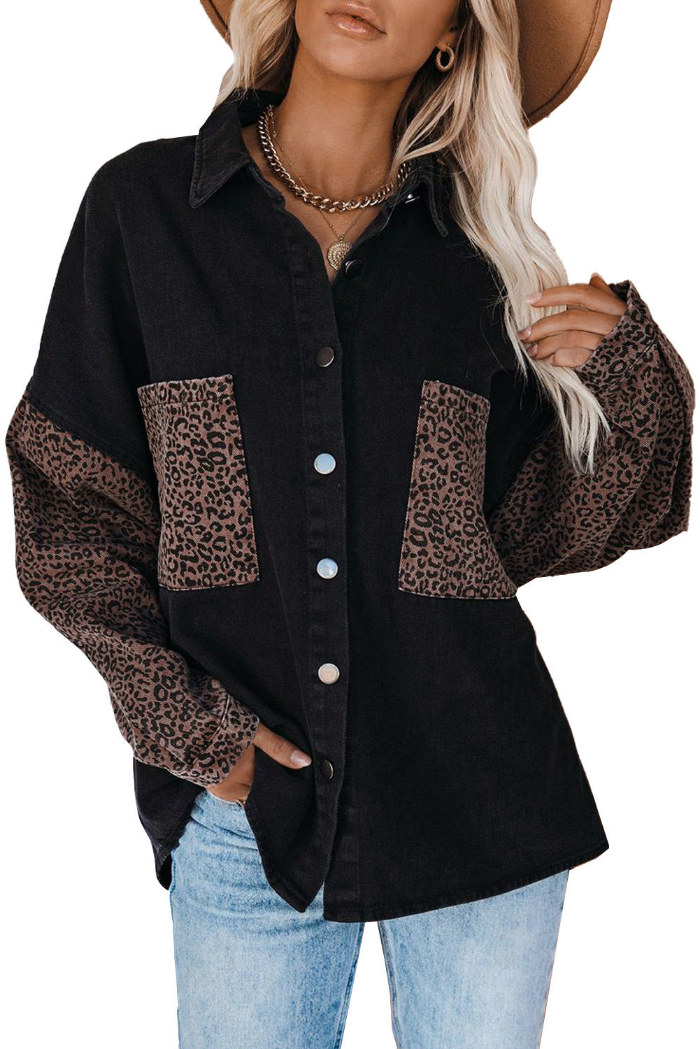 Črna kontrastna leopard denim jakna