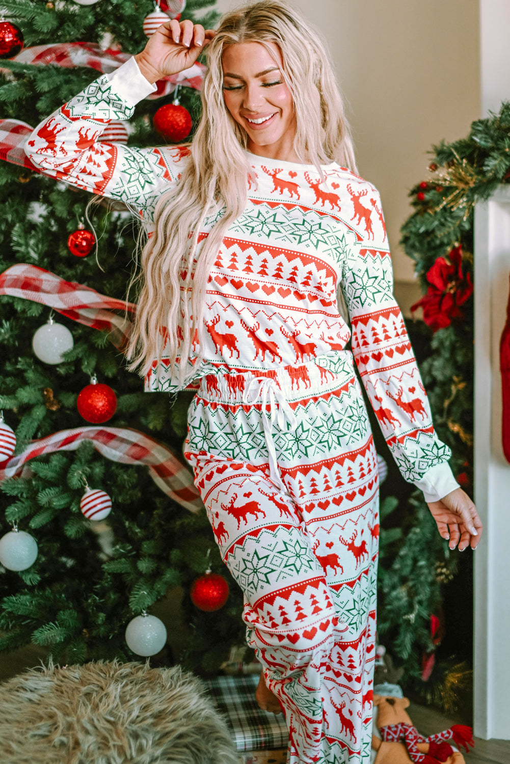 Bright White Christmas Print Pullover and Pants Lounge Set