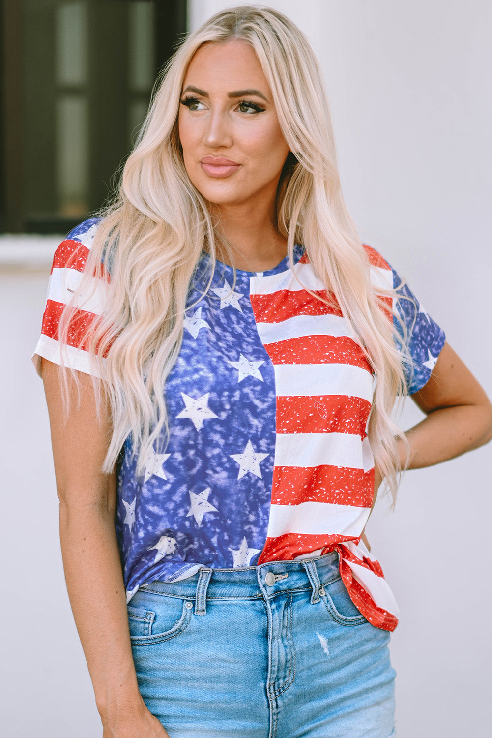 T-shirt à col rond effet vieilli à rayures et imprimé drapeau américain