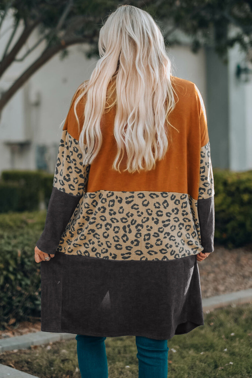 Cardigan en tricot patchwork à imprimé léopard color block orange