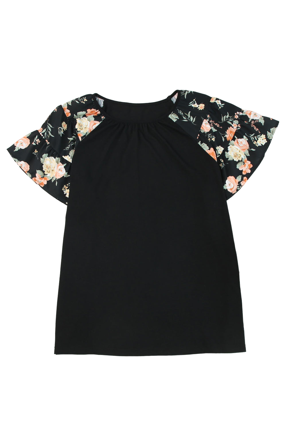 Black Floral Ruffle Sleeve Plus Size Top