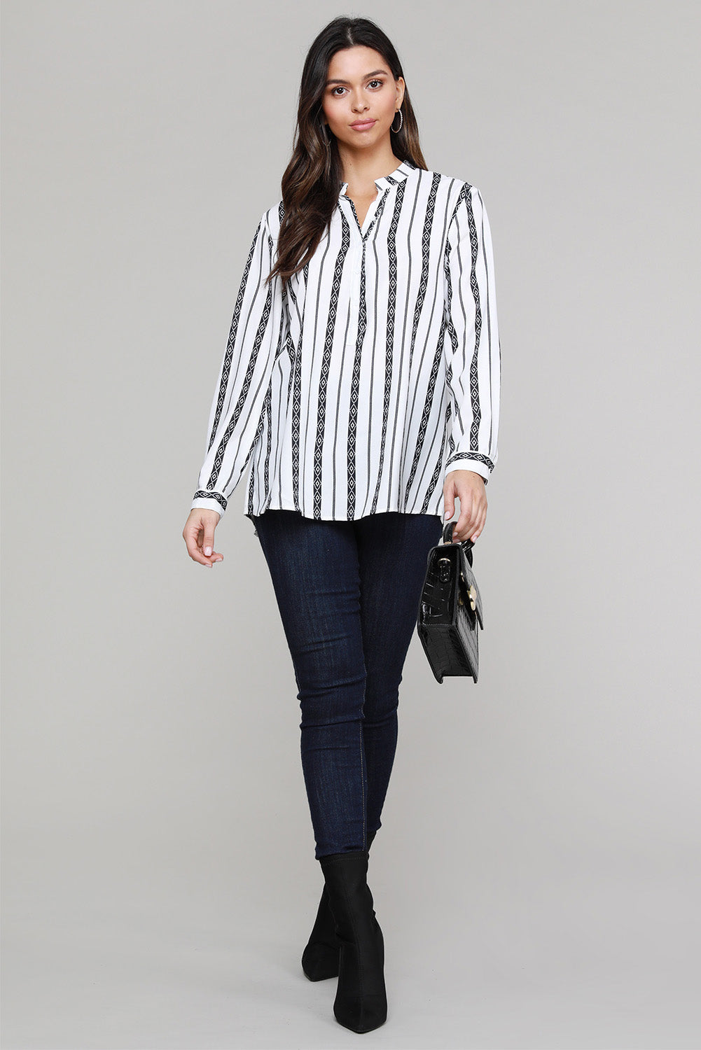 Black V Neck Striped Button Down Blouse