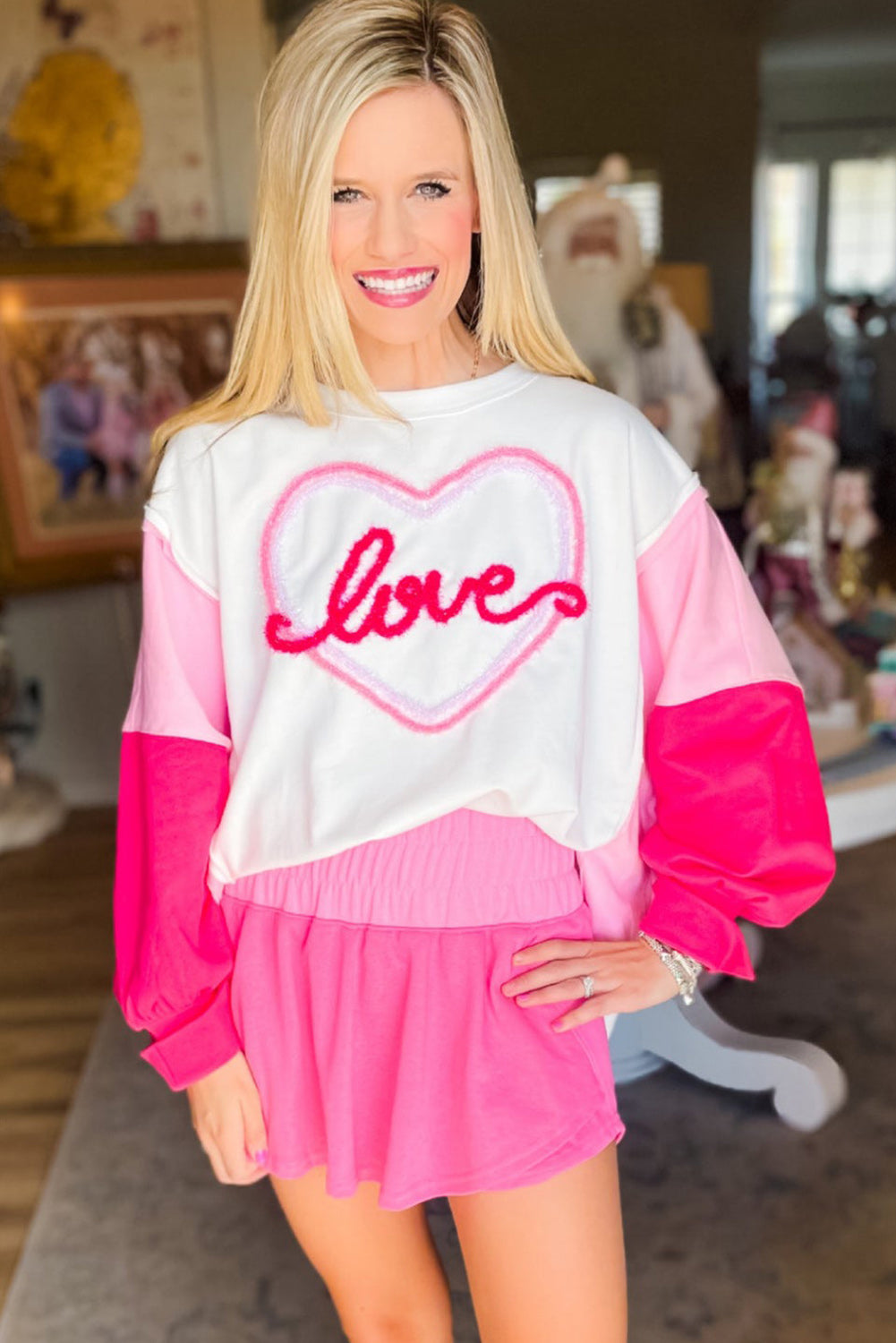 Weißes Tinsel Love Heart Grafik-Sweatshirt mit Farbblockärmeln