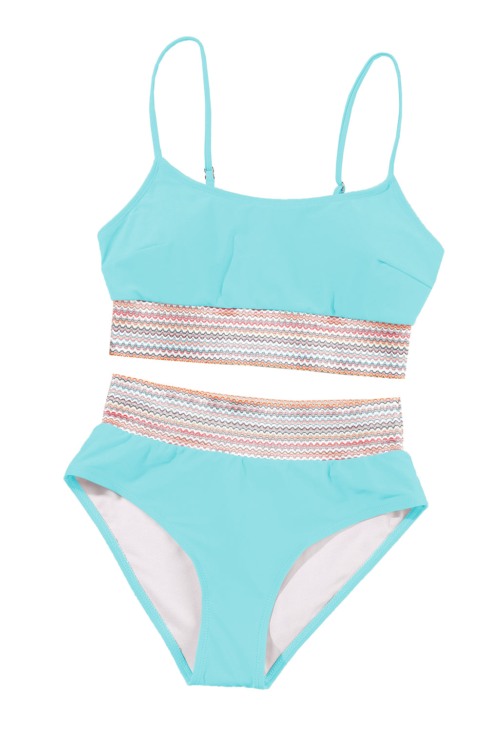 Costume da bagno bikini a vita alta con cinturino per spaghetti patchwork a righe blu cielo