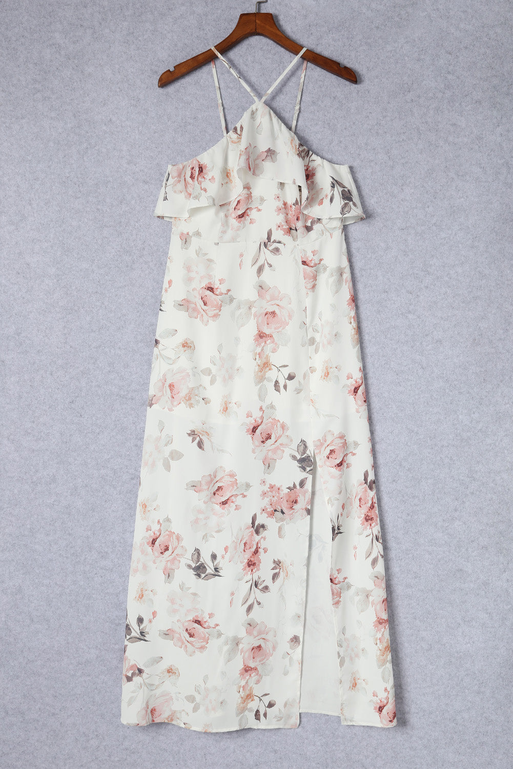 Bela dolga obleka s cvetličnim razporkom in naborki