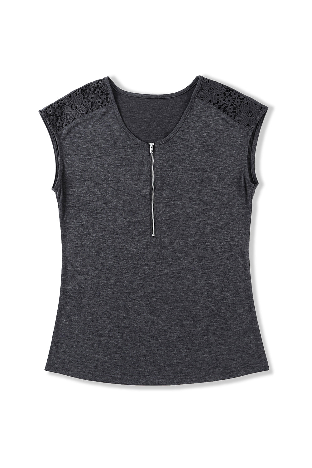 Graues Spitzen-Spleiß-T-Shirt mit Reißverschluss am Ausschnitt