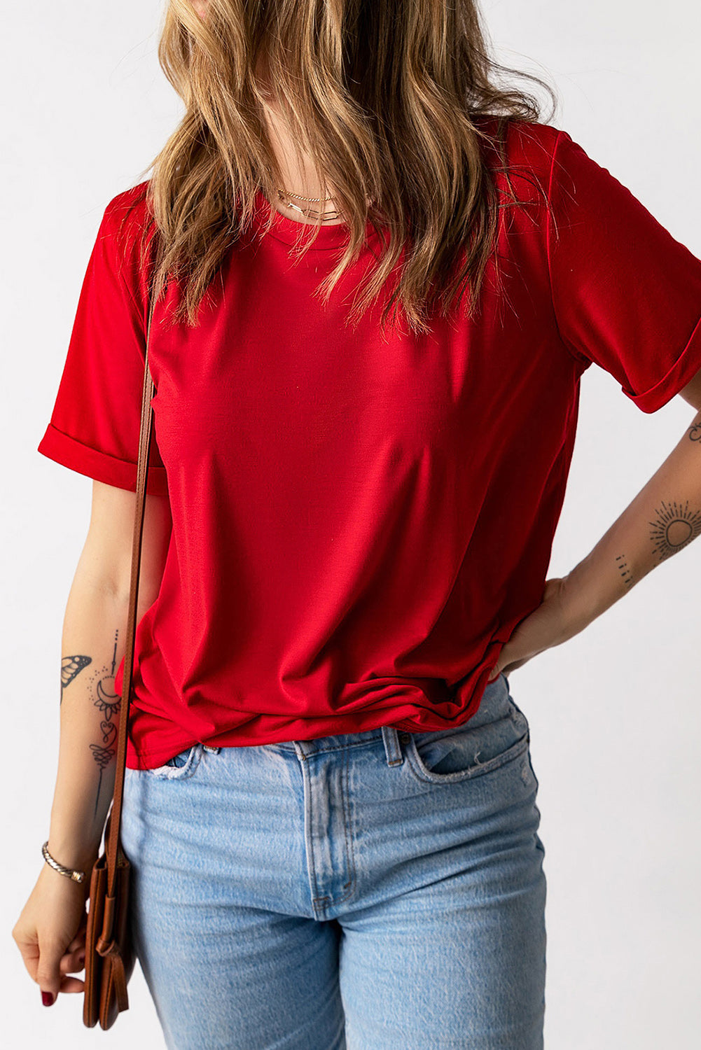 Feuriges, einfarbiges T-Shirt mit Rundhalsausschnitt in Rot