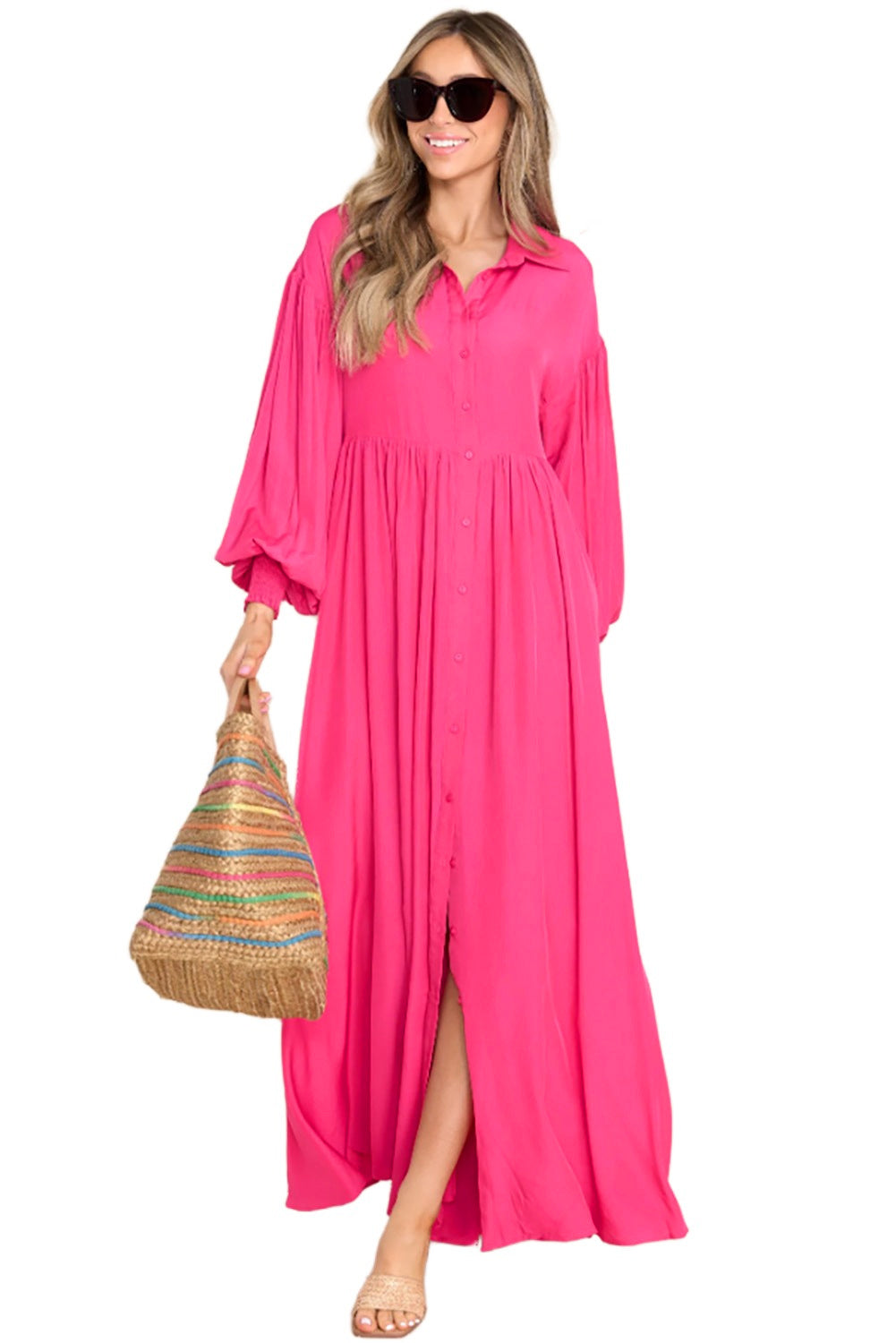 Maxi haljina s ružičastim rukavima s mjehurićima
