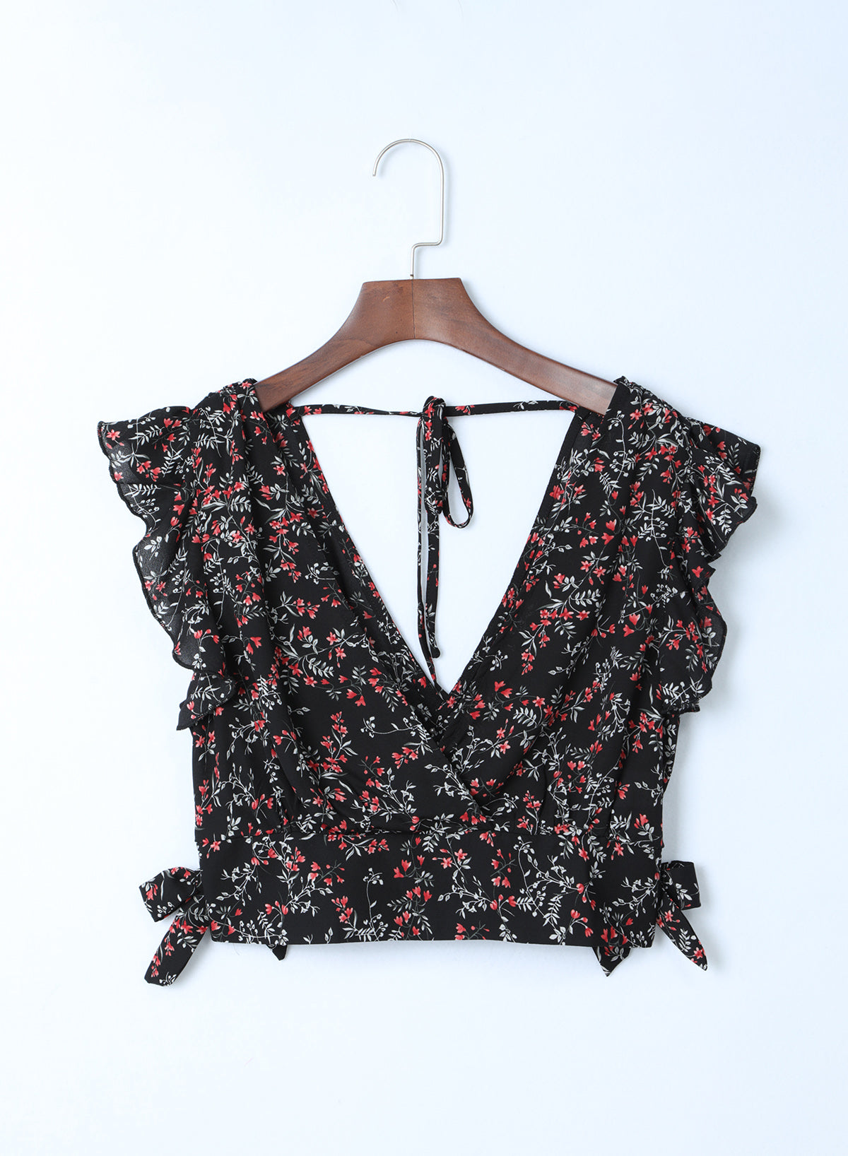 Schwarzes, mehrfarbiges, gerüschtes Crop-Top- und Maxirock-Set mit Blumenmuster