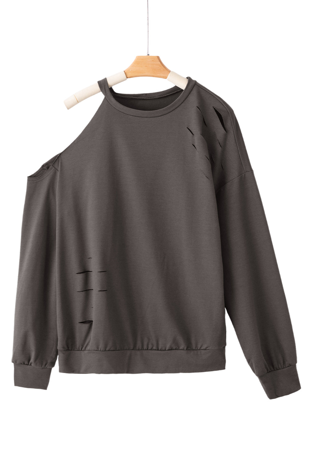 Srednje sivi isprekidani asimetrični pulover s hladnim ramenima