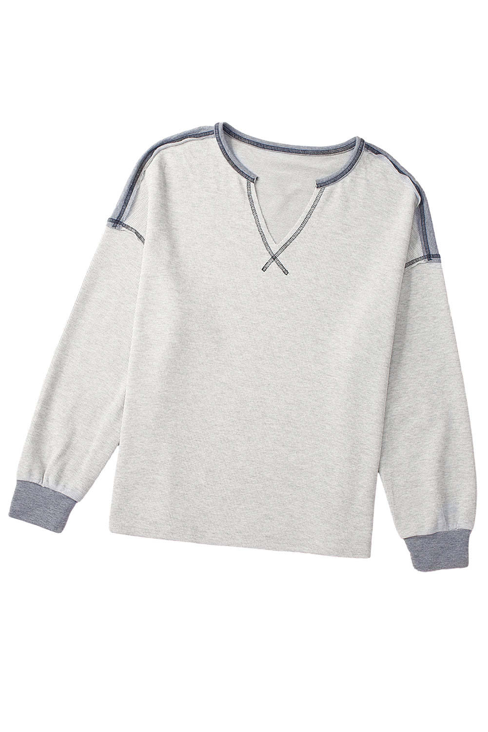 Graues, geripptes Patchwork-Sweatshirt mit freiliegenden Nähten und V-Ausschnitt