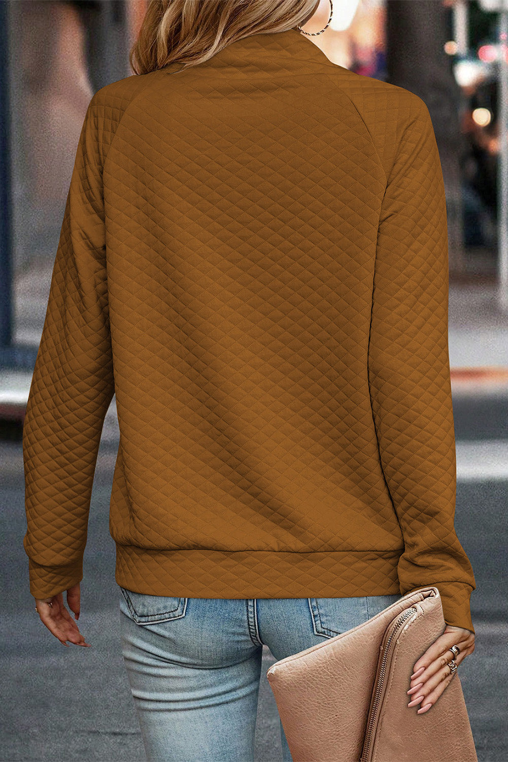 Kastanienbraunes gestepptes Pullover-Sweatshirt mit geknöpftem Ausschnitt und Stehkragen