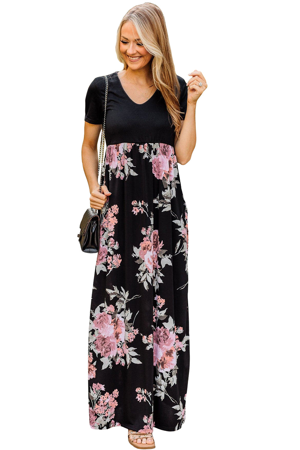 Crna Maxi haljina s cvjetnim carstvom do struka s kontrastom