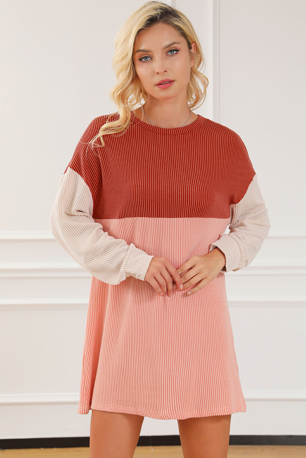 Red Clay Colorblock Corded Long Sleeve Mini Dress