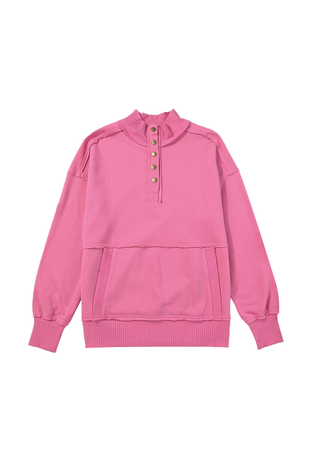 Bright Pink Ribbed Hem Snap Button Neckline Sweatshirt with Pocket