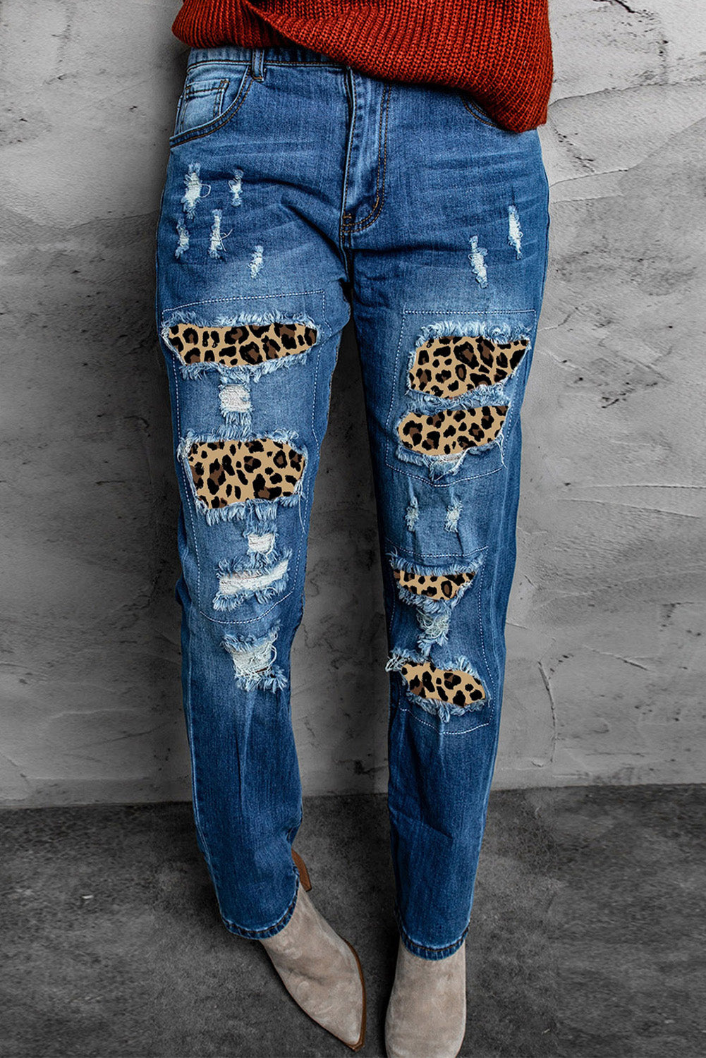 Jeans a gamba dritta patchwork leopardato invecchiato