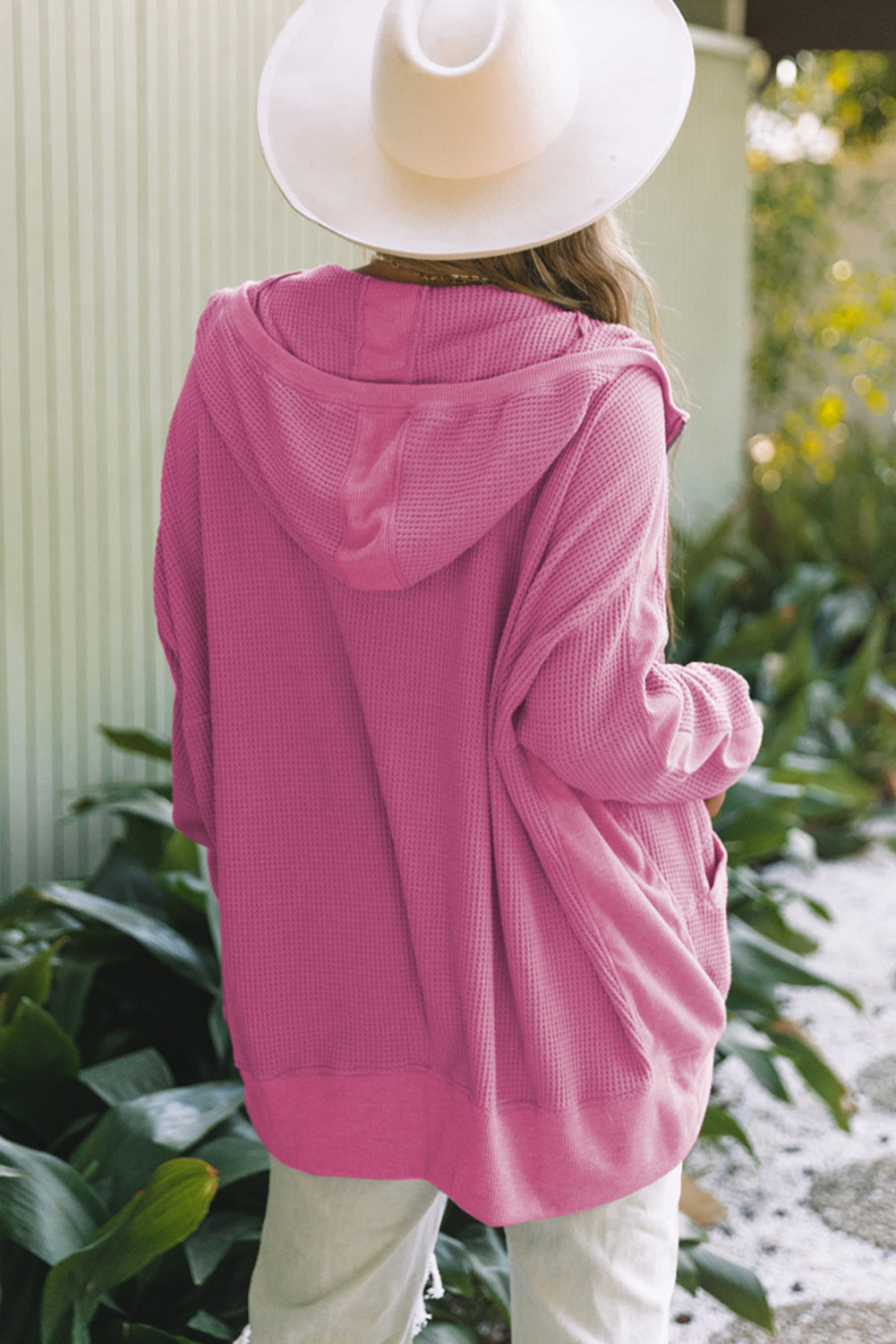 Veste à capuche à fermeture éclair intégrale en tricot gaufré thermique Rose